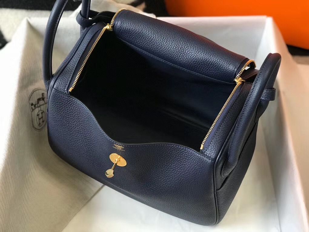 Hermes Lindy 30cm Bag In Navy Blue Clemence Leather GHW - Image 9