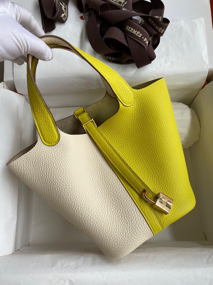 Hermes Picotin Lock 18 Bicolor Handmade Bag in Craie and Lime Clemence Leather - Image 3