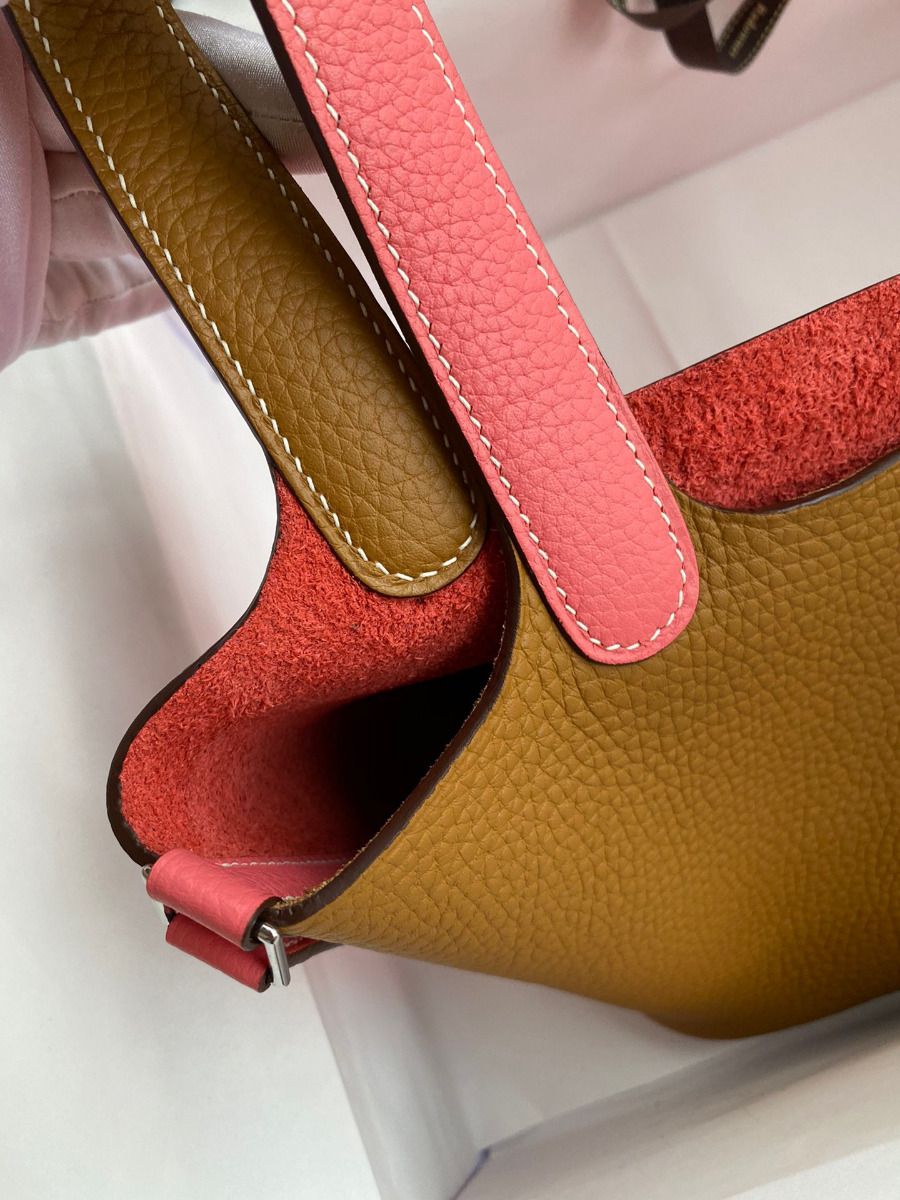 Hermes Picotin Lock 18 Bicolor Handmade Bag in Sesame and Rose Azalee Clemence Leather - Image 9