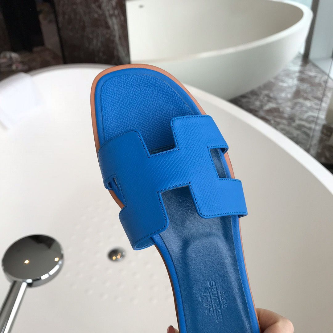 Hermes Oran Slide Sandals In Blue Hydra Epsom Calfskin - Image 3