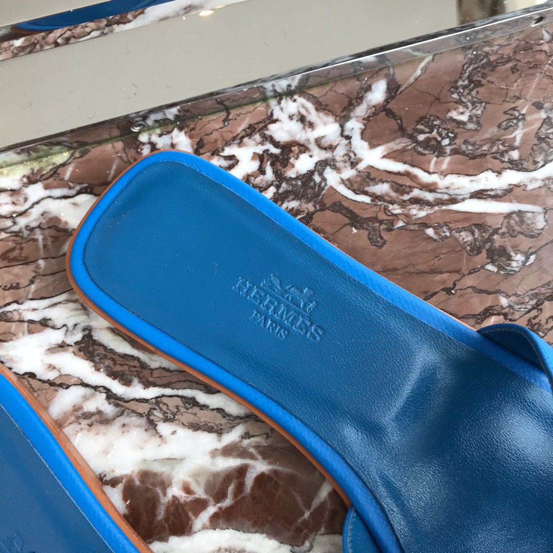 Hermes Oran Slide Sandals In Blue Hydra Epsom Calfskin - Image 6