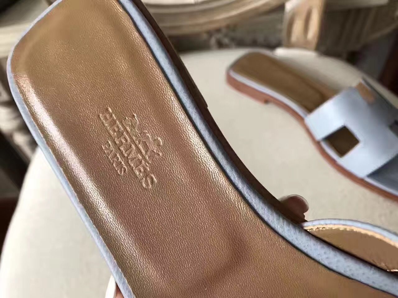 Hermes Oran Sandals In Blue Lin Epsom Leather - Image 9