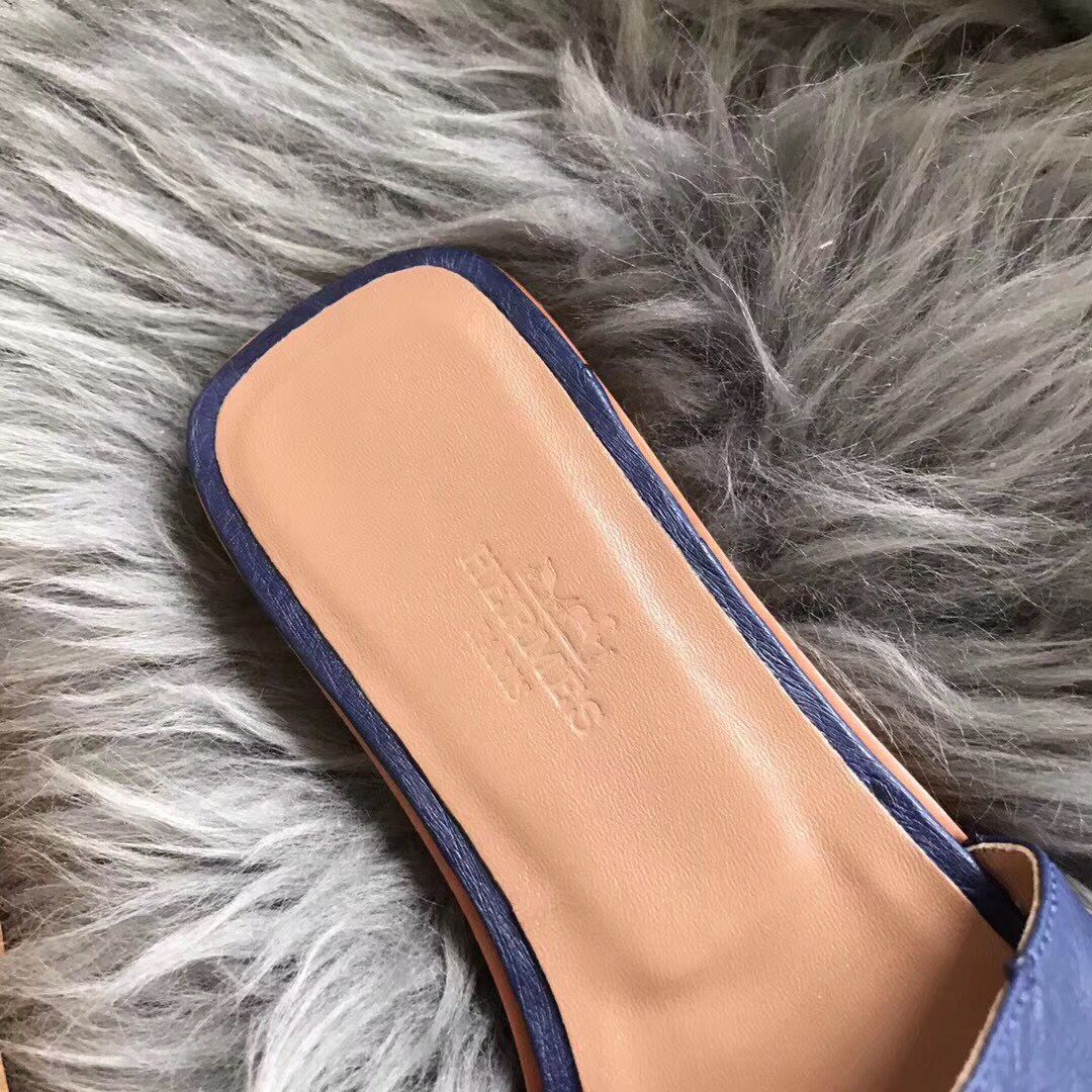 Hermes Oran Sandals In Blue Ostrich Leather - Image 5