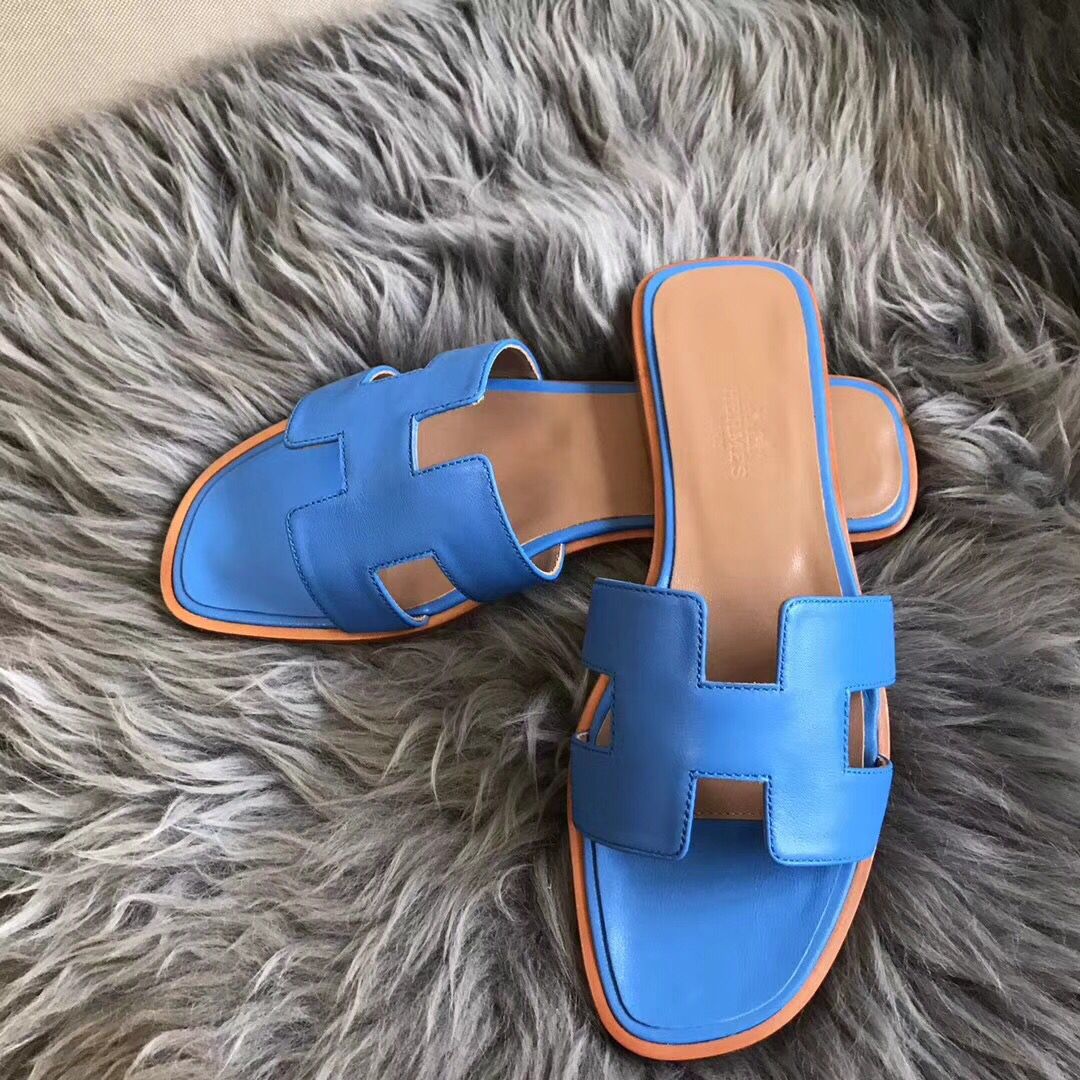 Hermes Oran Sandals In Blue Swift Leather - Image 3