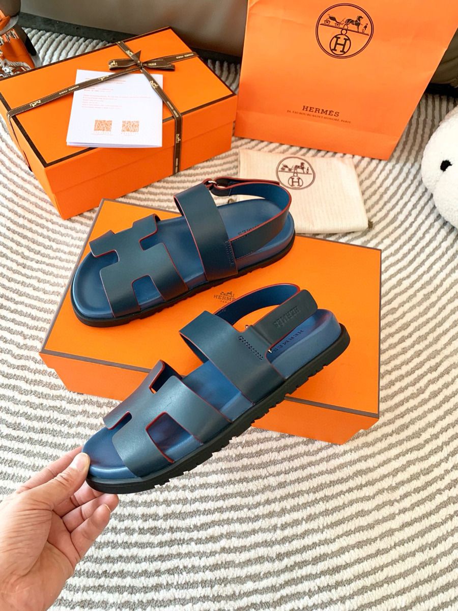 Hermes Men's Genius Sandals In Blue Calfskin - Image 5