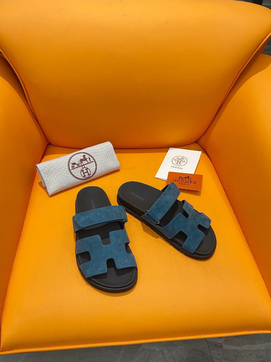 Hermes Men's Chypre Sandals in Blue Suede Calfskin - Image 3