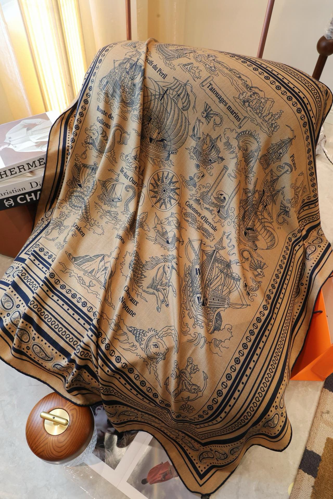Hermes Caramel Tatouages Marins Bandana Shawl 140 - Image 6