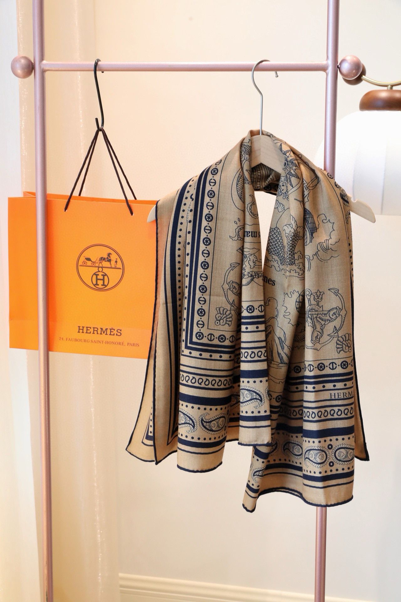 Hermes Caramel Tatouages Marins Bandana Shawl 140 - Image 7