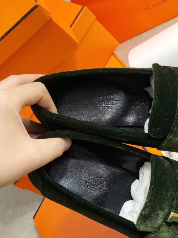 Hermes Paris Loafers In Dark Green Velvet - Image 7