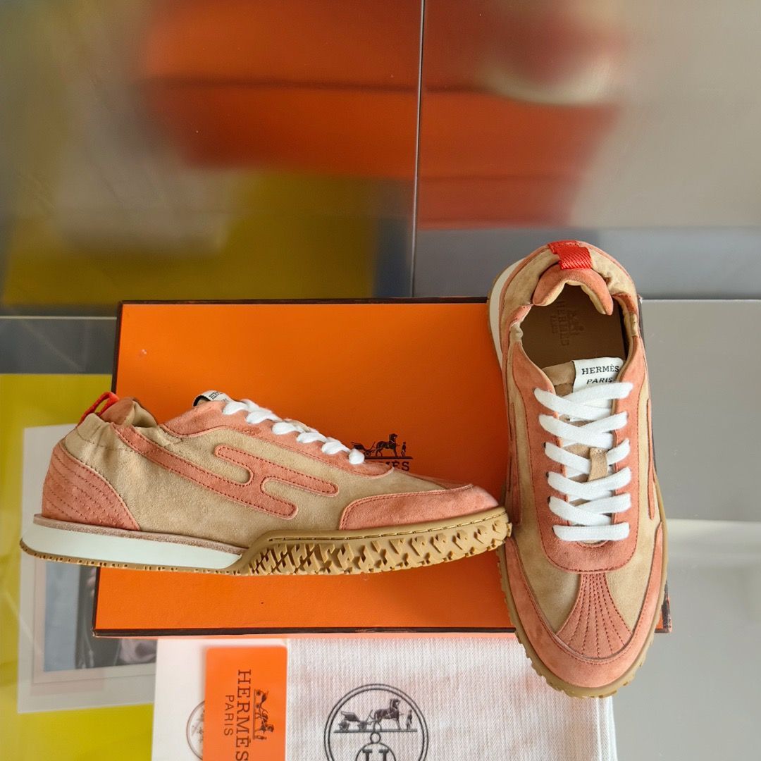 Hermes Women's Jet Sneakers in Beige/Orange Suede Leather - Image 4