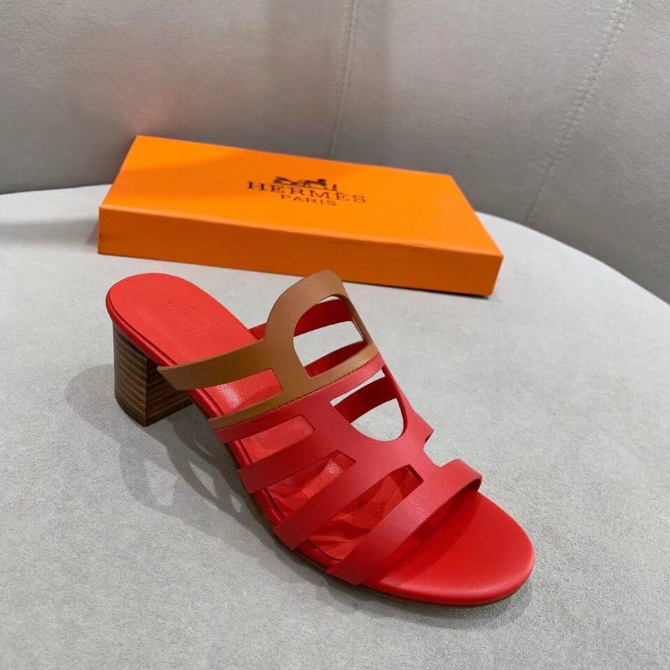 Hermes Celena Sandals 50mm In Red/Brown Calfskin - Image 8