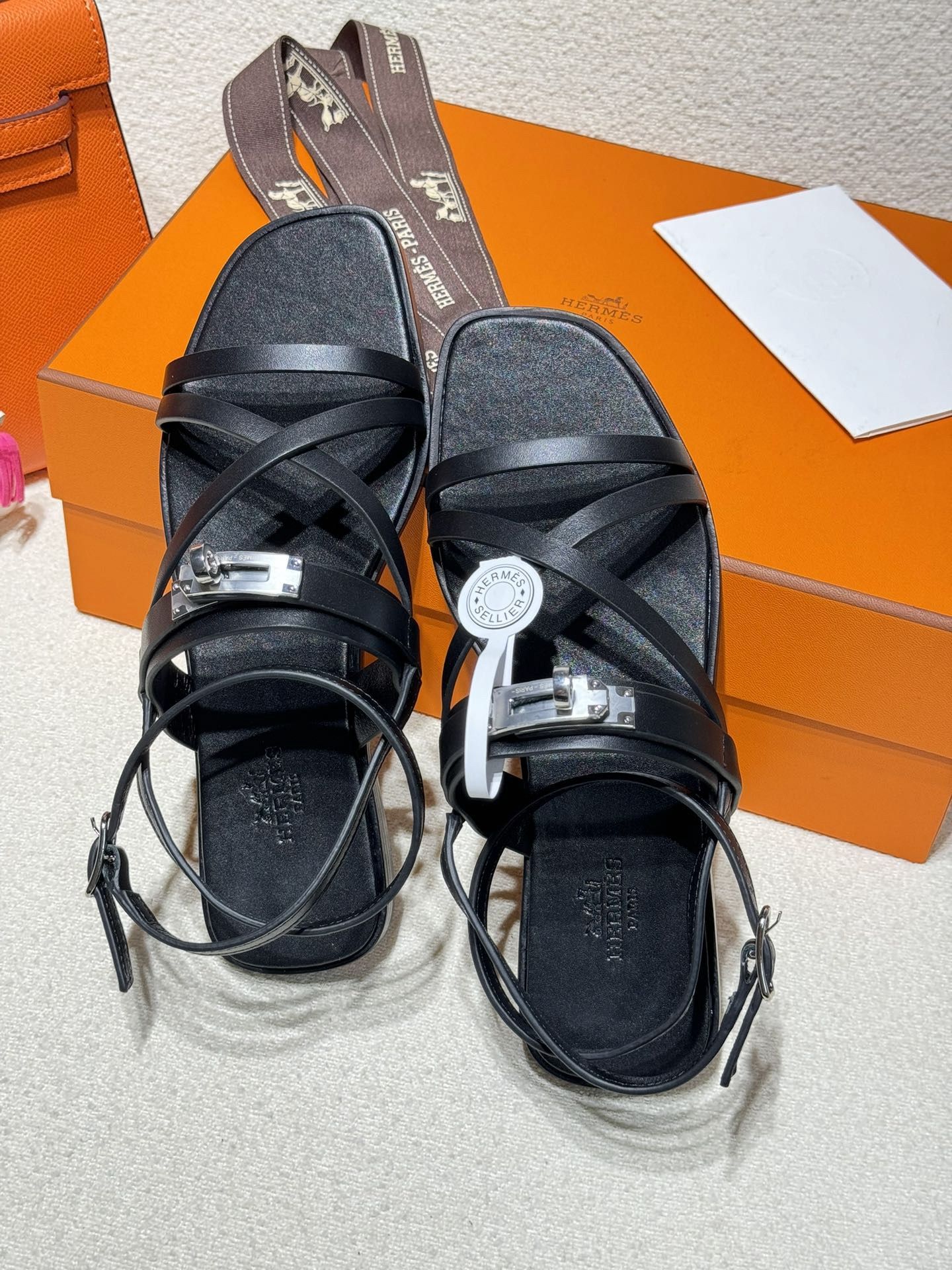 Hermes June Sandals in Black Leather - Image 6