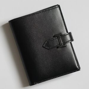 Hermes Bearn Compact Handmade All Black Wallet in Box Calfskin