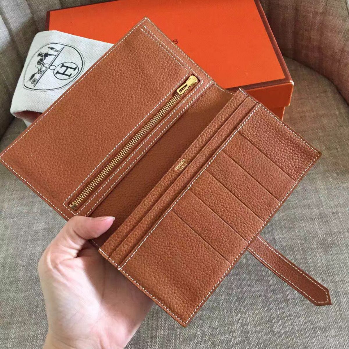Hermes Brown Clemence Bearn Gusset Wallet - Image 6