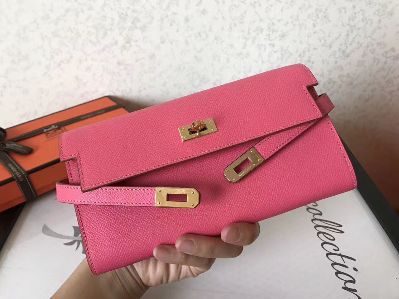 Hermes Kelly Classic Long Wallet In Pink Epsom Leather - Image 3