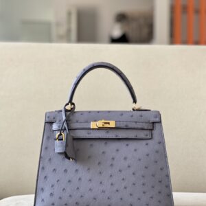 Kelly 25 Ostrich Gris Agate (82) Gold Hardware